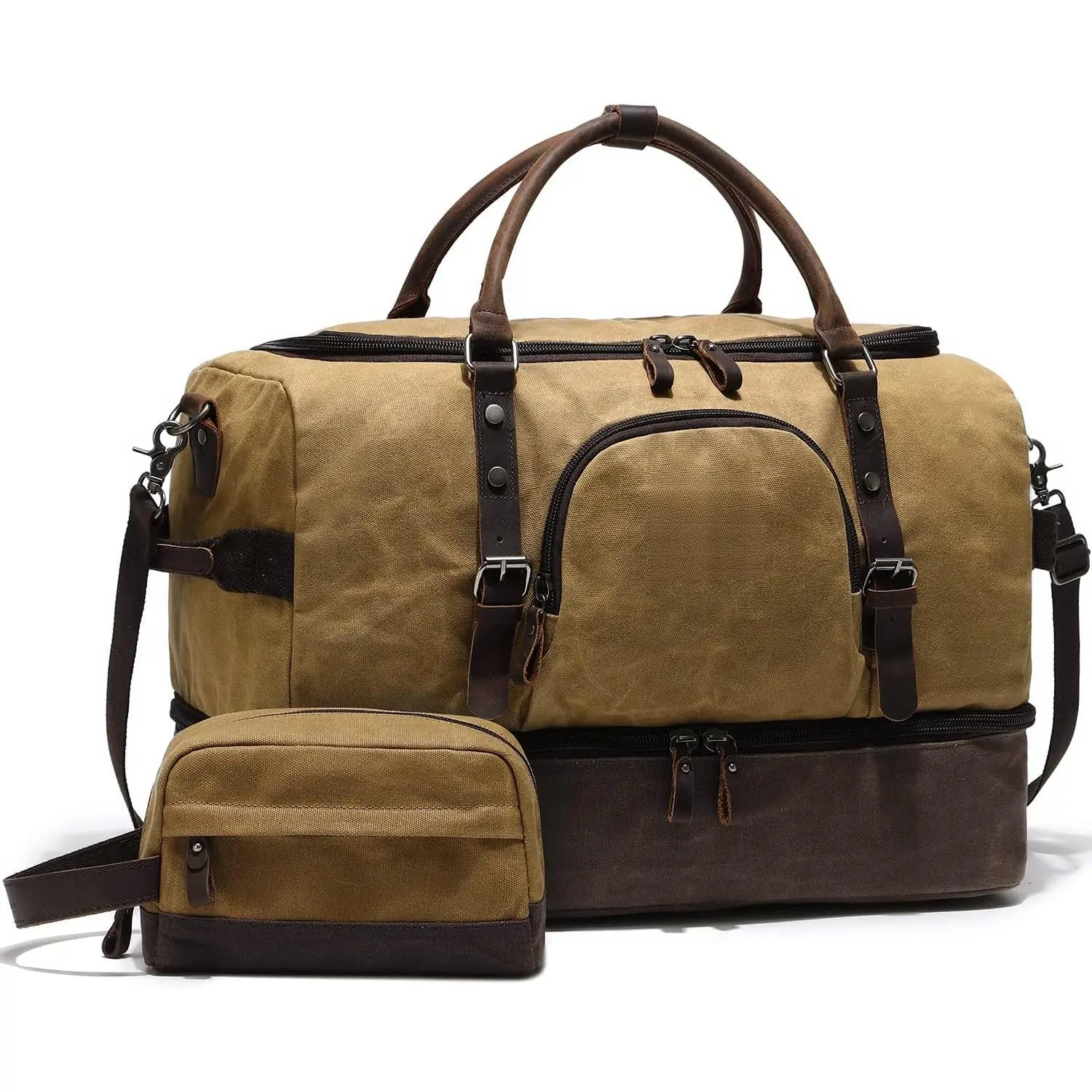 Men's travel bag with shoe compartment, large overnight bag, canvas and leather hand luggage bag, travel luggage bag