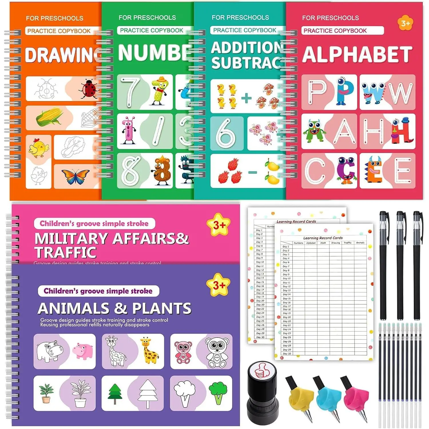 6-Pack Magic Deep Grooves Handwriting Practice Books for Children 3+ Yrs, Invisible Ink Pen, Pencil Grip, Cute Seals & Learning Schedule Included, Perfect Tracing Copybook for Office & School Educational Supplies