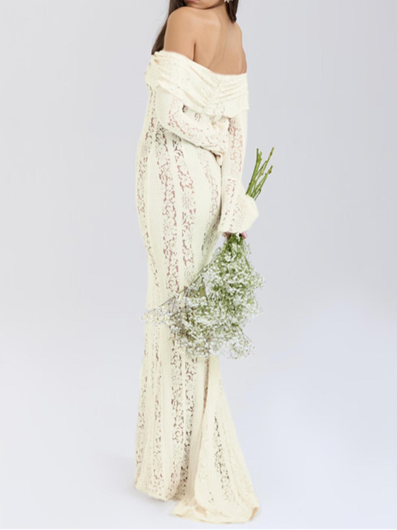 Women's Off The Shoulder Tie Front Lace Bodycon Dress, Elegant Long Sleeve Flounce Sleeve Zipper Back Maxi Dress for Party Holiday Wedding Guest, Ladies Spring & Fall Clothes,  Bridal Attire Valentine's Day, gift