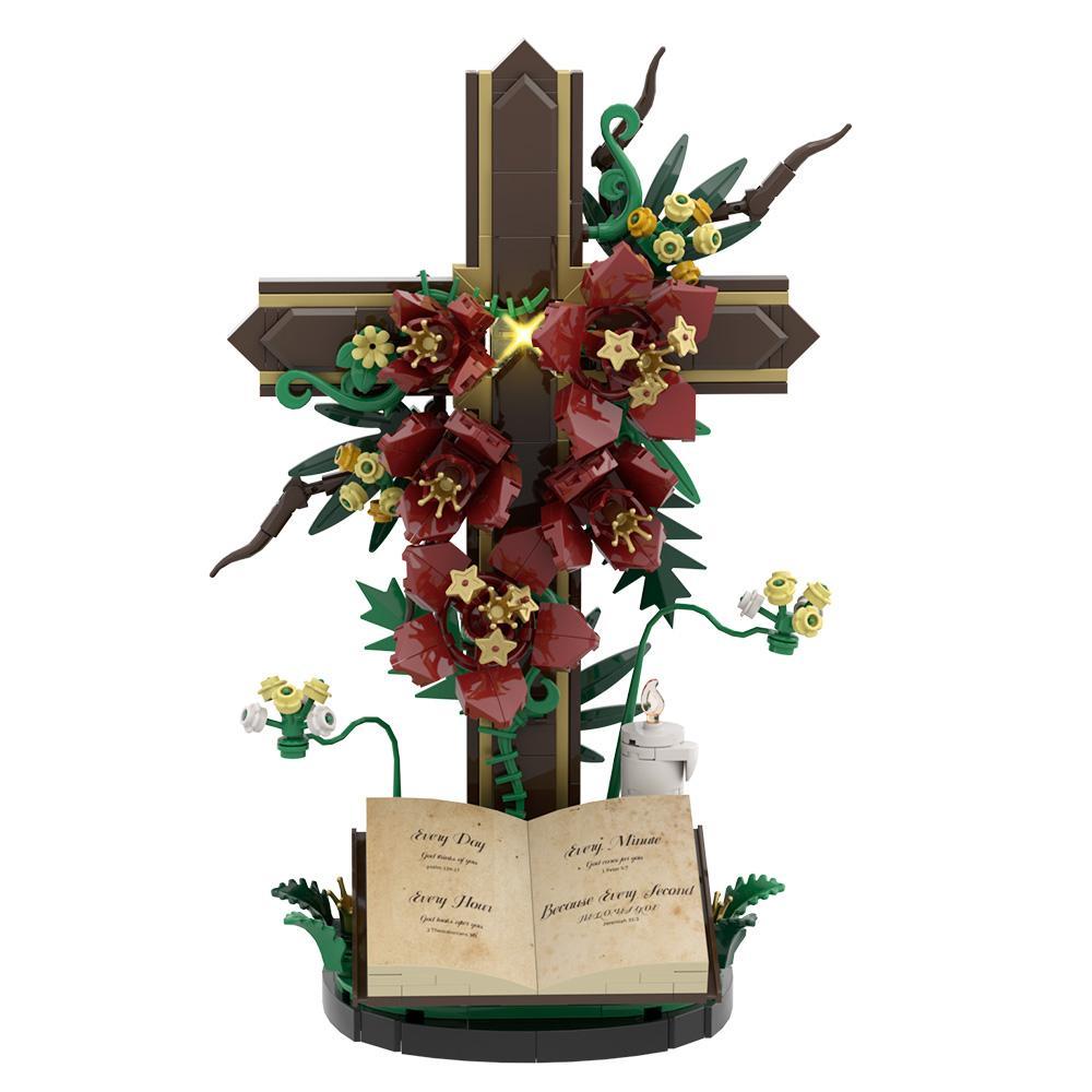 MOC Cross Flower Building Blocks Jesus Cross Tulip Decorative Bricks Adult Toy Christmas Gift