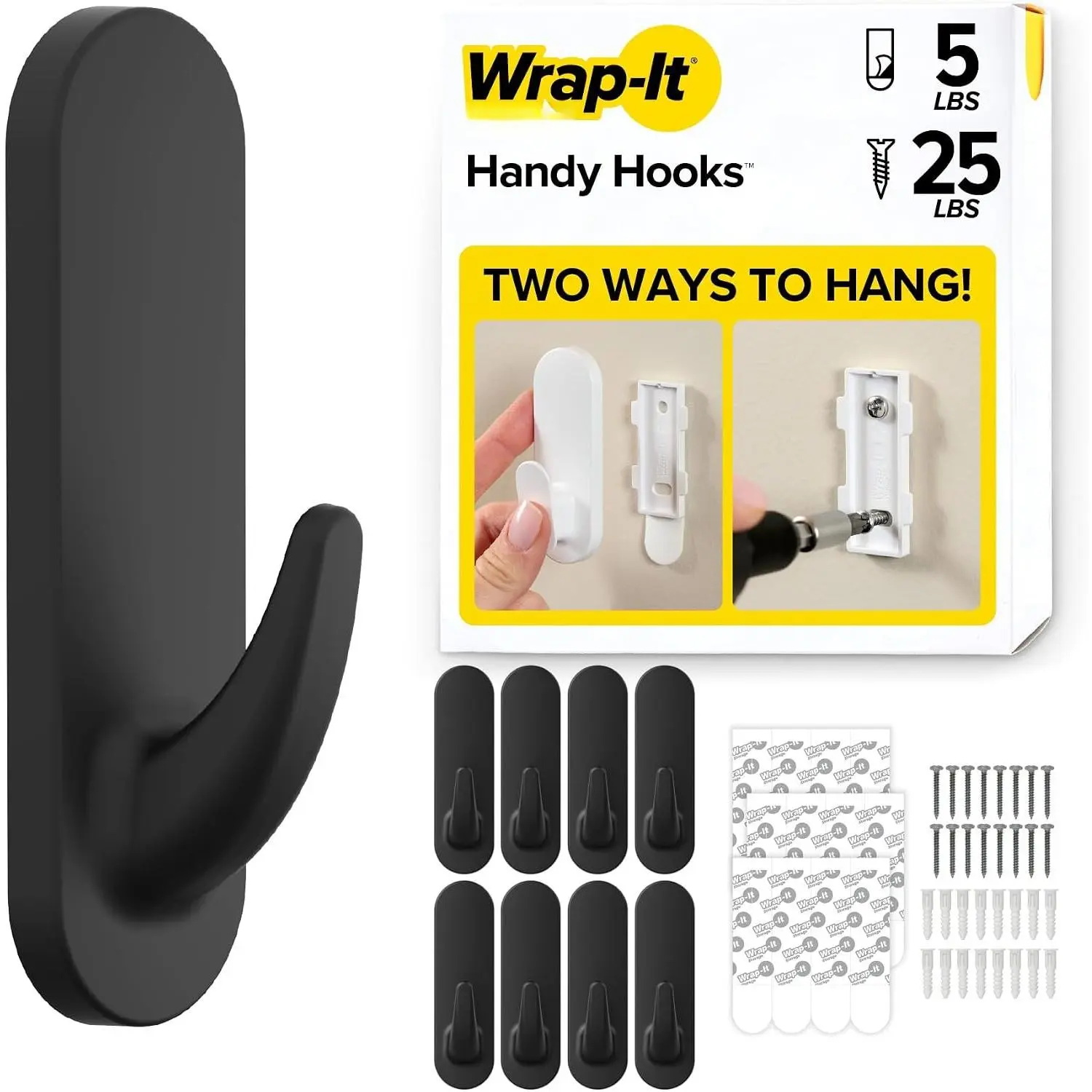 Handy Hooks - The Fin Large 8 Pack (Black) |  Option Wall Mount or Removable Adhesive Hooks - Towel Hooks, Coat Rack, Picture , Dorm Room Essentials