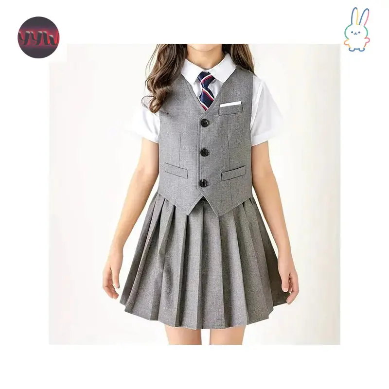 YYW1 -British Style Youngsters's  Uniform Set Kindergarten Wear, Elementary  Girls' JK Skirt Suit 7-16 Years Old with Vest + Half-Skirt + Tie Three-Piece Graduation Outfit school