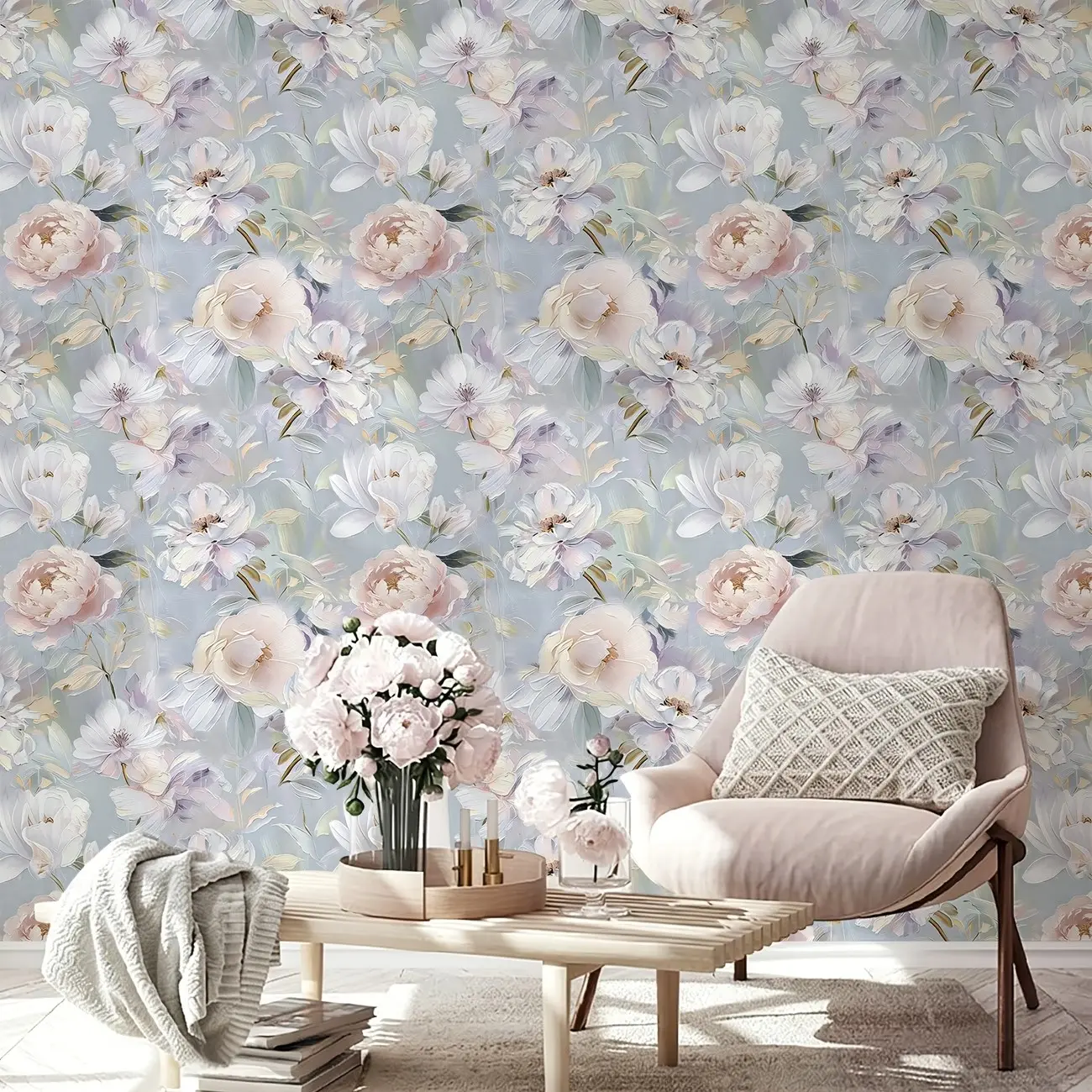 Light Blue Watercolor Peony Floral Adhesive Wallpaper, Peel and Stick, Cottage Style, for Bathroom, Bedroom, Living Room, Home Decor, Housewarming Gift