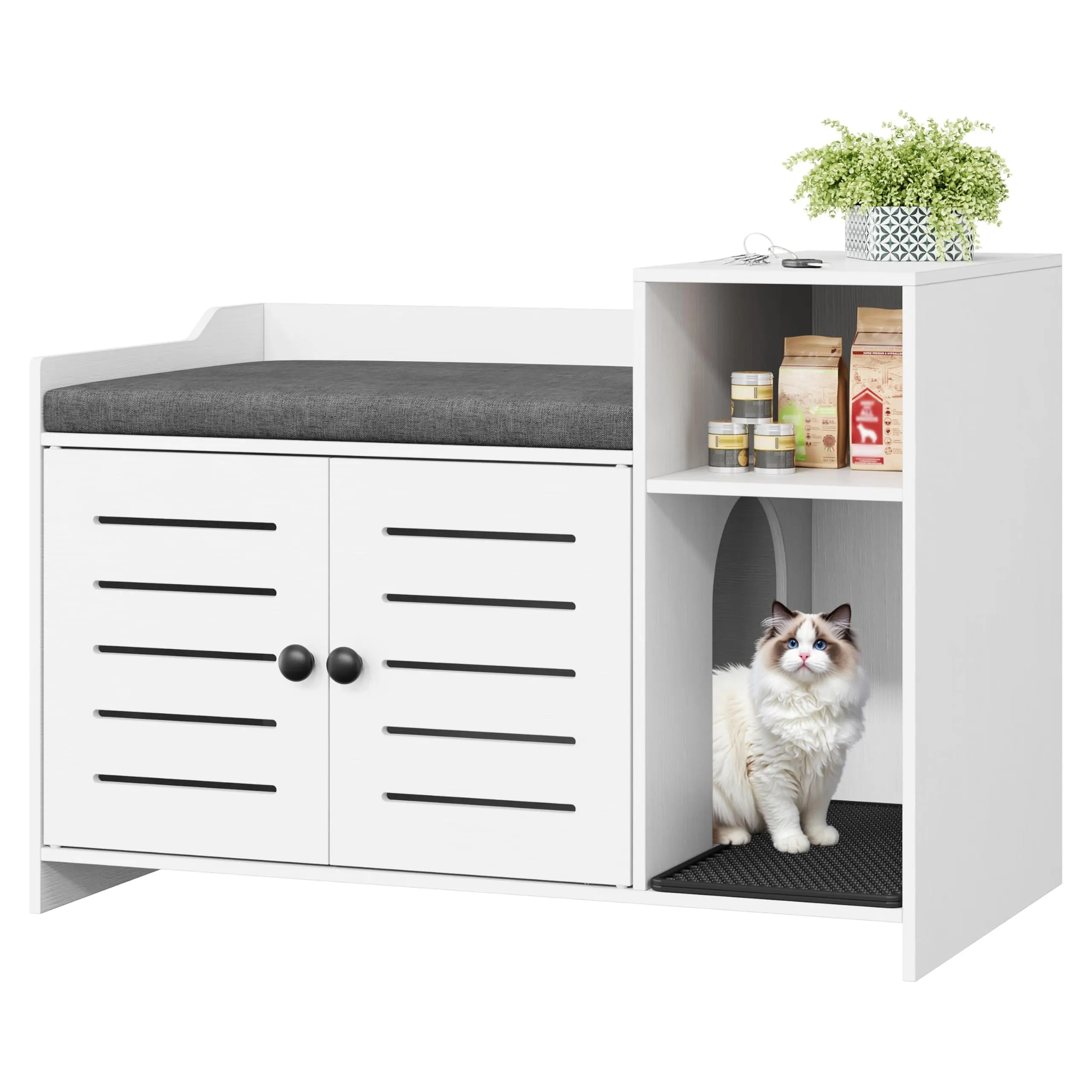 Garvee Multi-functional Cat Litter Box Enclosure Furniture with Double Doors, Front Access, Storage Shelf, Cushion & Mat in Wooden Farmhouse Styles like German Oak and Tigerwood, Ideal for Hallway and Bedroom Use