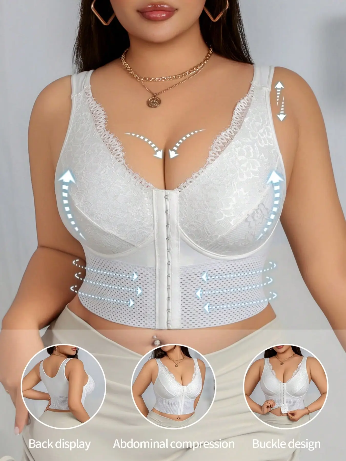 Women's Plus Size Lace Front Buckle Waist Cincher Bra, European Fashion Ootd Innerwear, V-Neck Design, Mesh Fabric, Easy to Wear