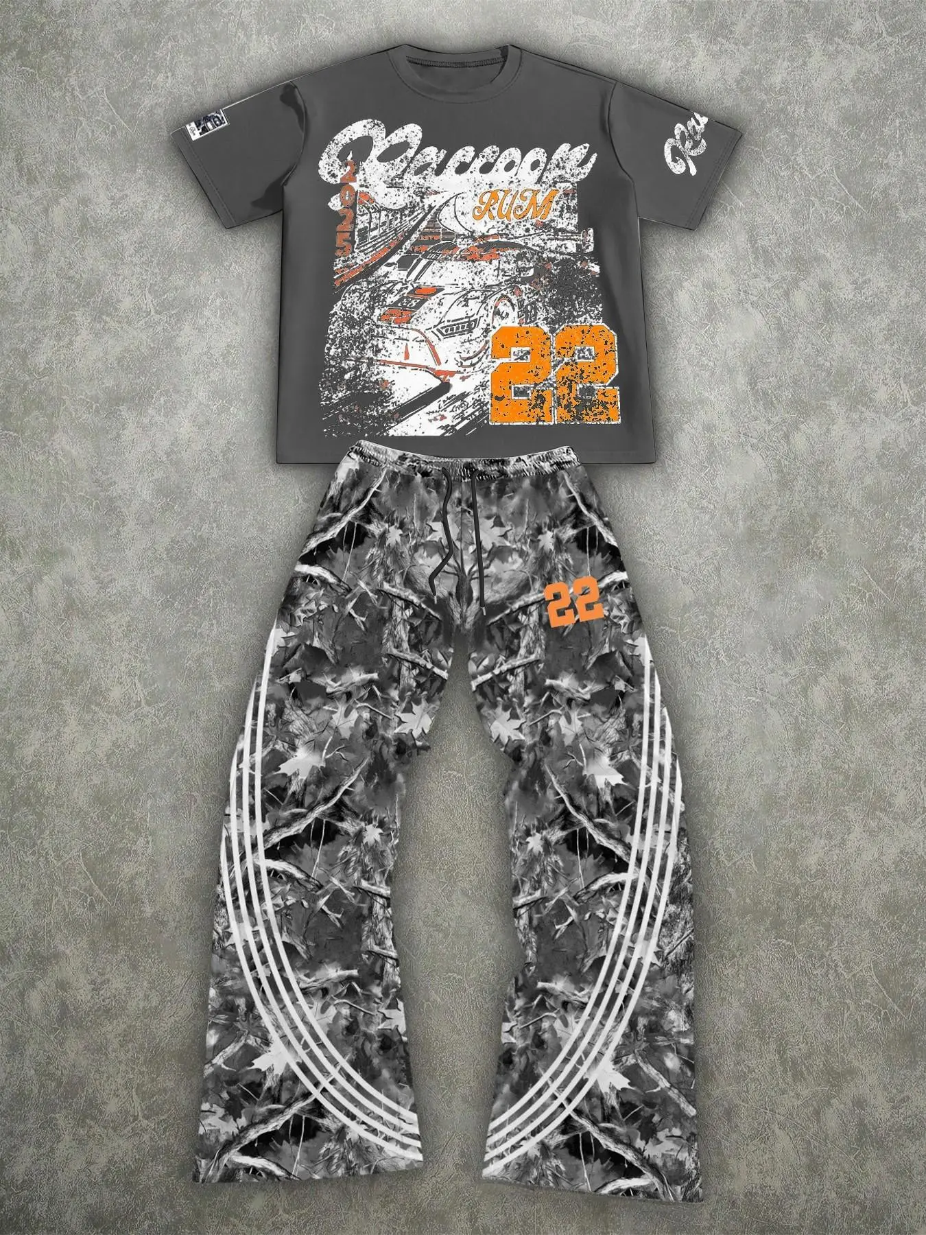 Men's Summer Two-Piece Set, American Retro Racing Theme Street Style, Short Sleeve T-Shirt + Camo Wide Leg Pants, Casual Fashion Loose Fit