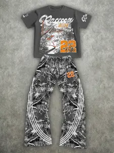 Men's Summer Two-Piece Set, American Retro Racing Theme Street Style, Short Sleeve Graphic T-Shirt + Camo Wide Leg Pants, Casual Fashion Loose Fit