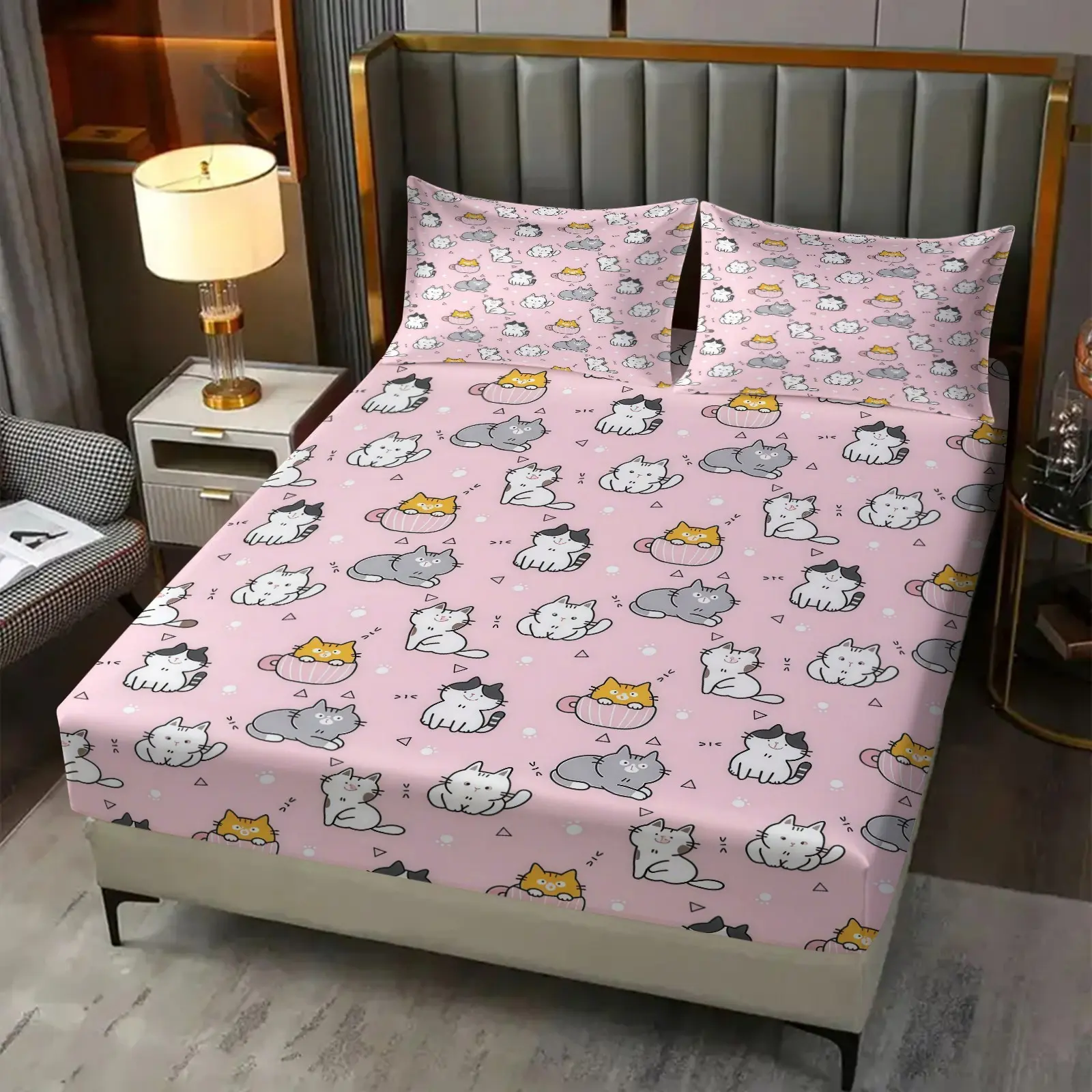 Cartoon Cat Print Pattern Bed Sheet Set, 1 Bed Sheet With 2 Pillowcases (Excluding Pillow Core), Suitable For Teenagers And Adults' Bedrooms, Dormitories And Guest Rooms, Suitable As a Gift