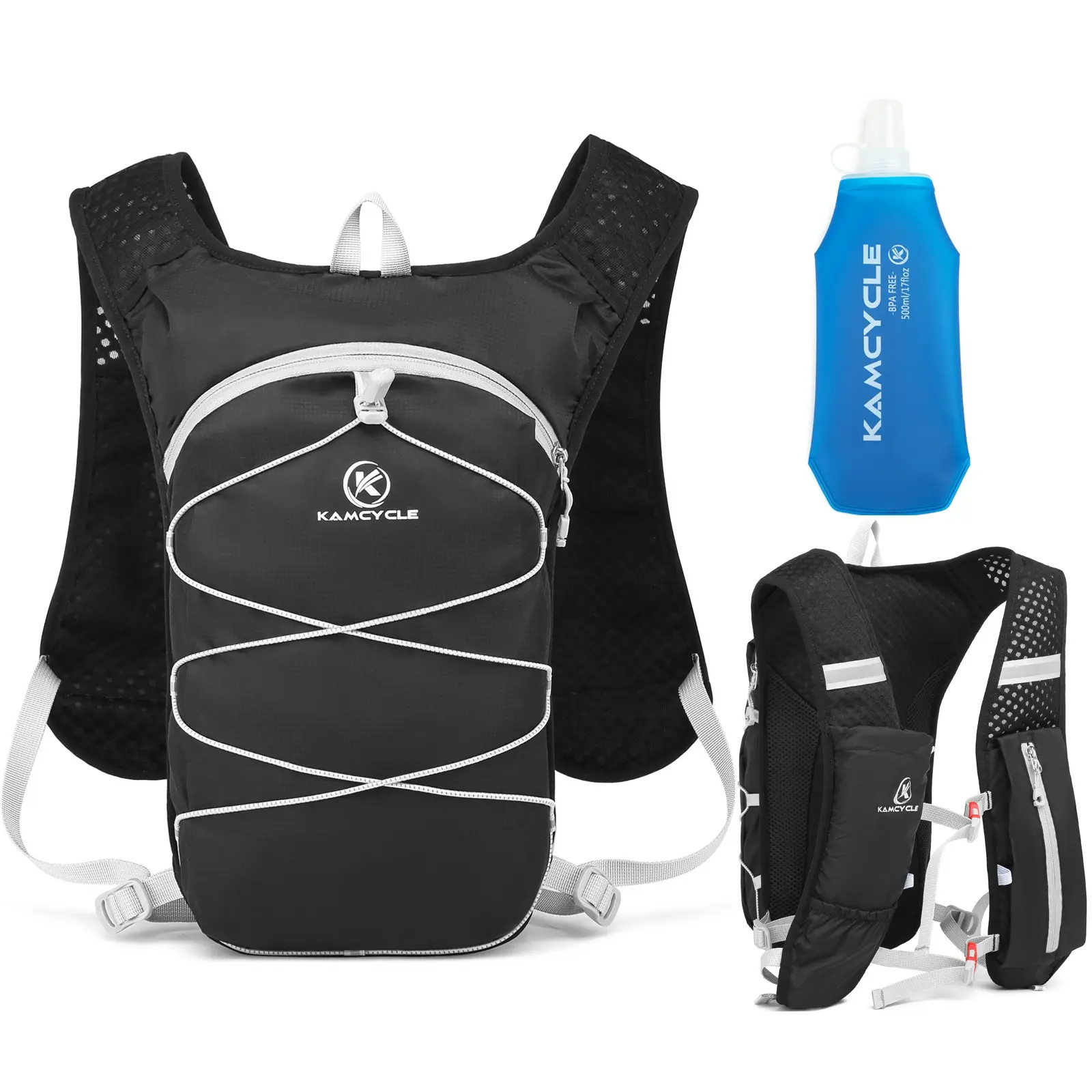 Running Vest Backpack with 500ML Soft Flask, Lightweight & Breathable, Reflective Strips, Functional Pockets, 5L Capacity, Adjustable, Jogging Equipment