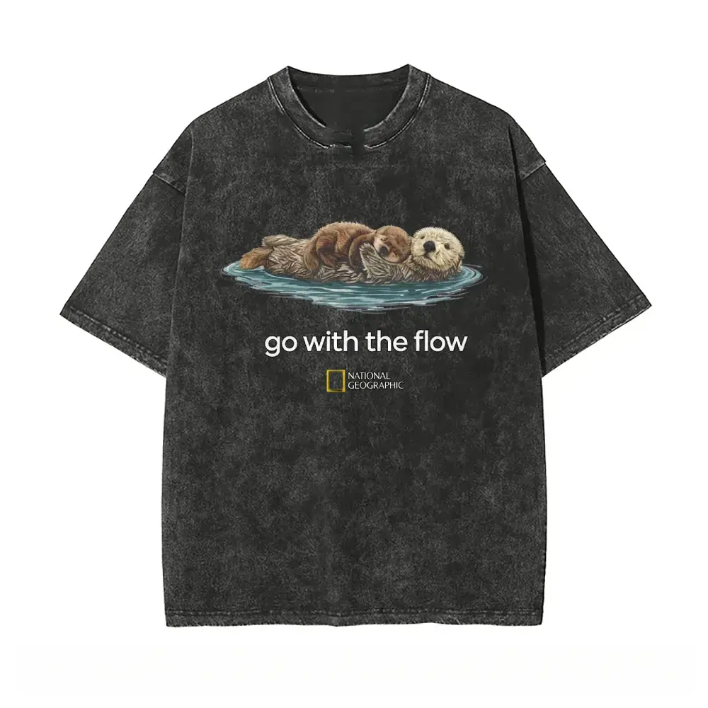 Cute Sea Otter Go With The Flow National Geographic Vintage Washed Pure Cotton Graphic Tee Nature Wildlife Aesthetic