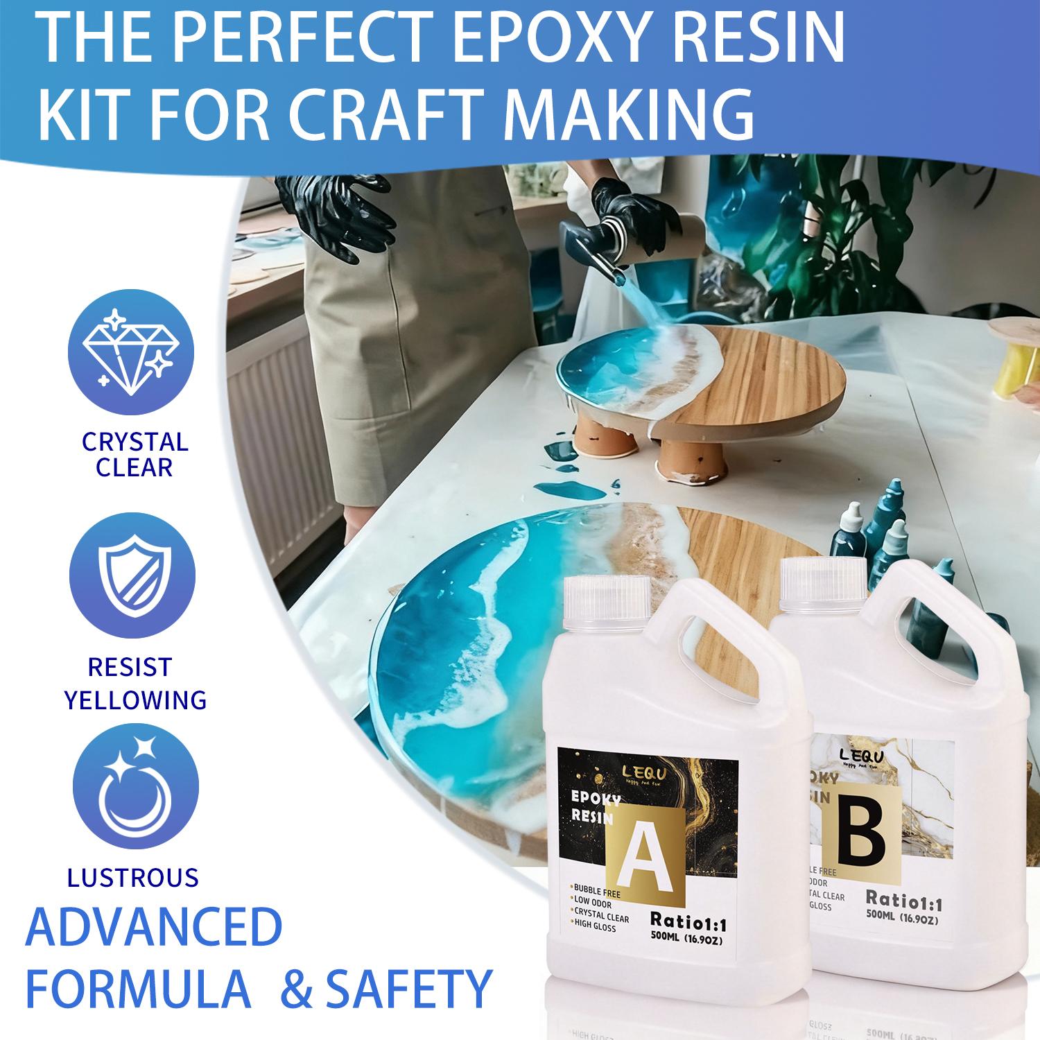 LEQU 1000ml Countertop Epoxy Resin Kit, clear countertop epoxy resin, self-leveling and bubble-free. This resin kit is suitable for both coating and casting applications, and is ideal for arts and crafts, DIY projects, woodworking, mugs, jewelry making, m