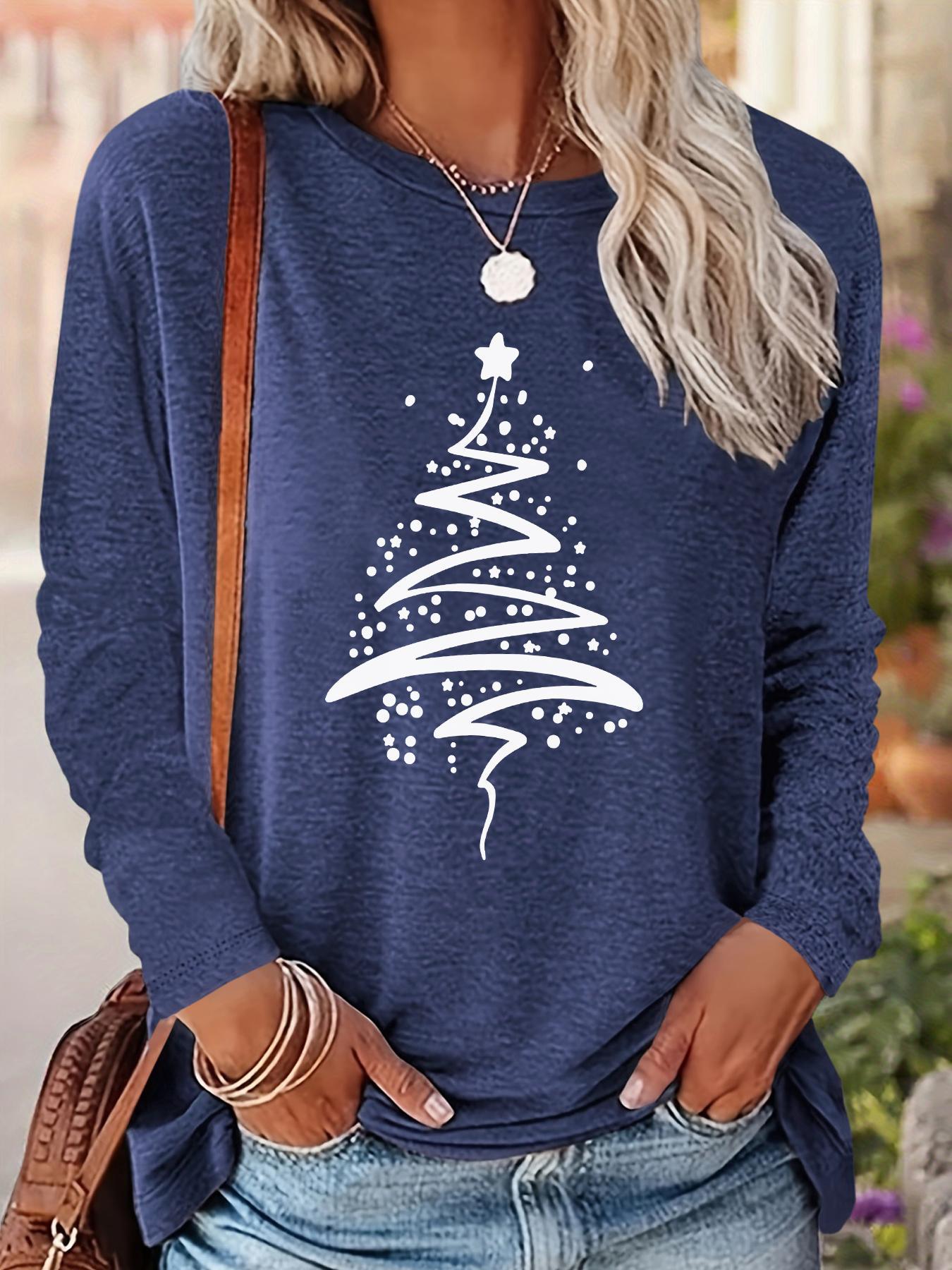 Women's Christmas Tree Print Drop Shoulder Fitted T-shirt, Casual Long Sleeve Round Neck Pullover for Fall & Winter, Ladies Clothes for Daily Wear