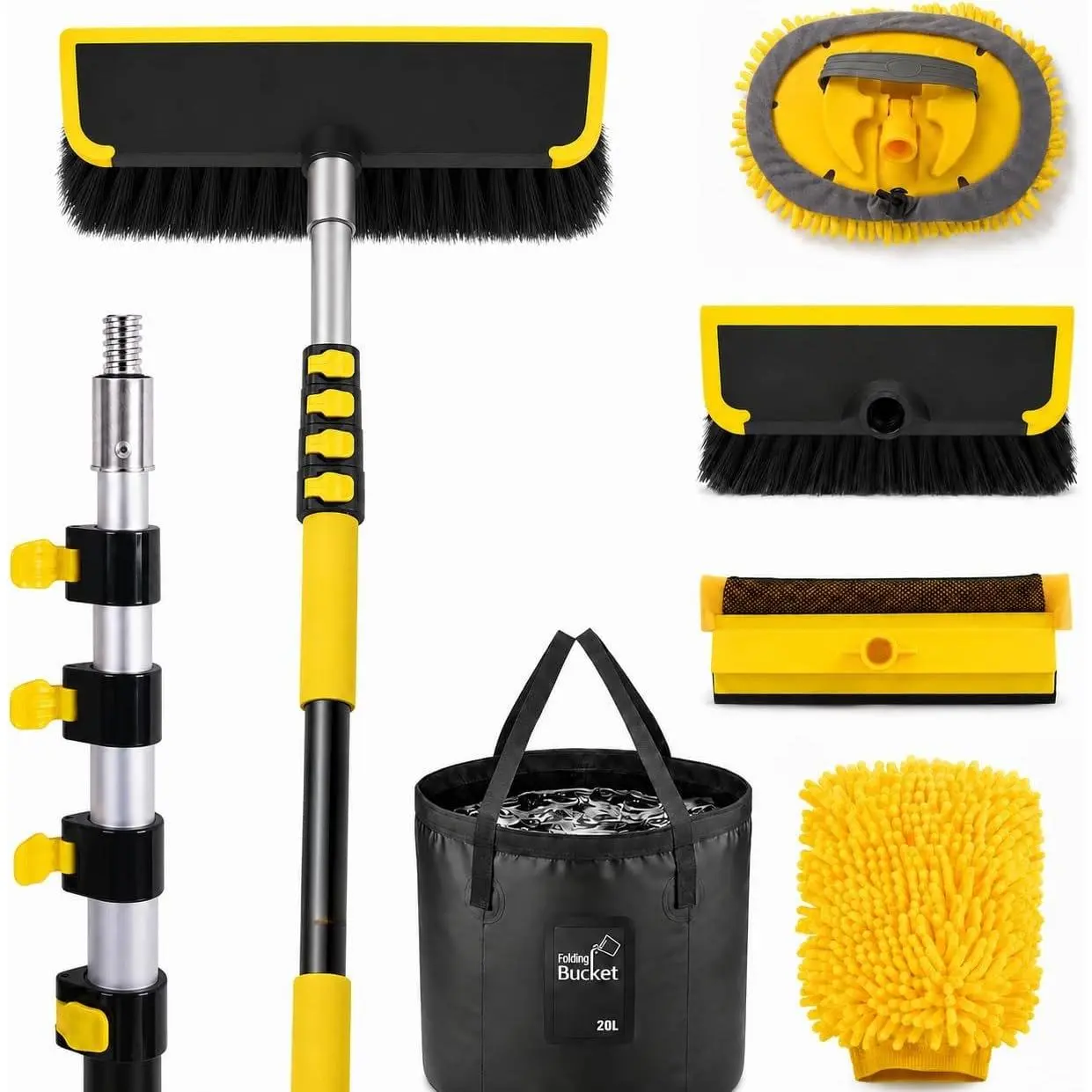 18FT   Wash Brush with Long Handle,  Wash Kit with 4.6-12 Telescoping Pole, 20L Collapsible Bucket, Microfiber Cleaning Mop, Mitt, Window  for RV  SUV Boat Solar Pane Washing