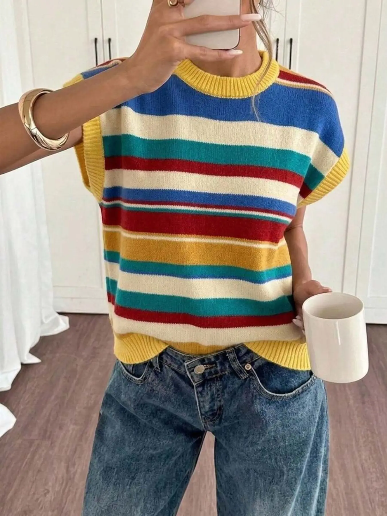 Rainbow Striped Baggy Outerwear Sweater, Round Neck Vest Knit Top, Colorful Sleeveless Knit Backless Shirt, Elegant Casual Fashion