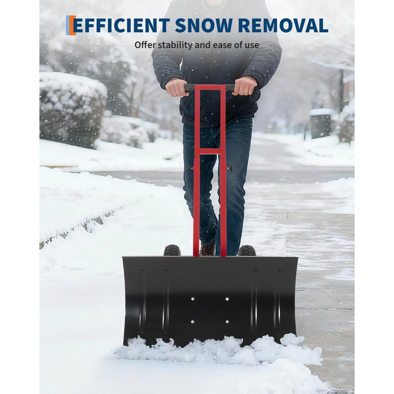 Garvee Snow Shovel, Metal Snow Shovel with Wheels, Rolling Snow Pusher with 7-Position Angled Metal Blade, Efficient Snow Removal Tool, for Driveway, Sidewalk, Pavement, 16.5"x29.1'', Red