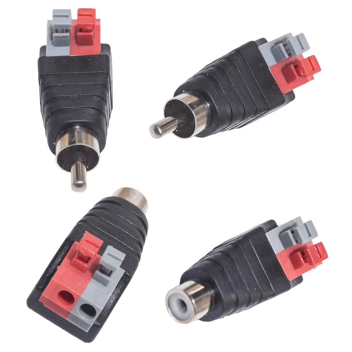 [RCA Connector Adapter Set] 4pcs/No-Solder RCA Male And Female Connector Adapter Set - Speaker Wire to RCA Audio And Video Connector, Push-Type Terminal for Subwoofers, CCTV Monitoring, Audio Cable Repair (No Soldering Required)
