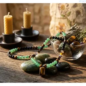 Unisex Long Sweater Chain Necklace, Green Aventurine & Tiger Eye Crystal Pendant, Money Attraction Healing Stone Jewelry for Party, Anniversary & Daily Gifting