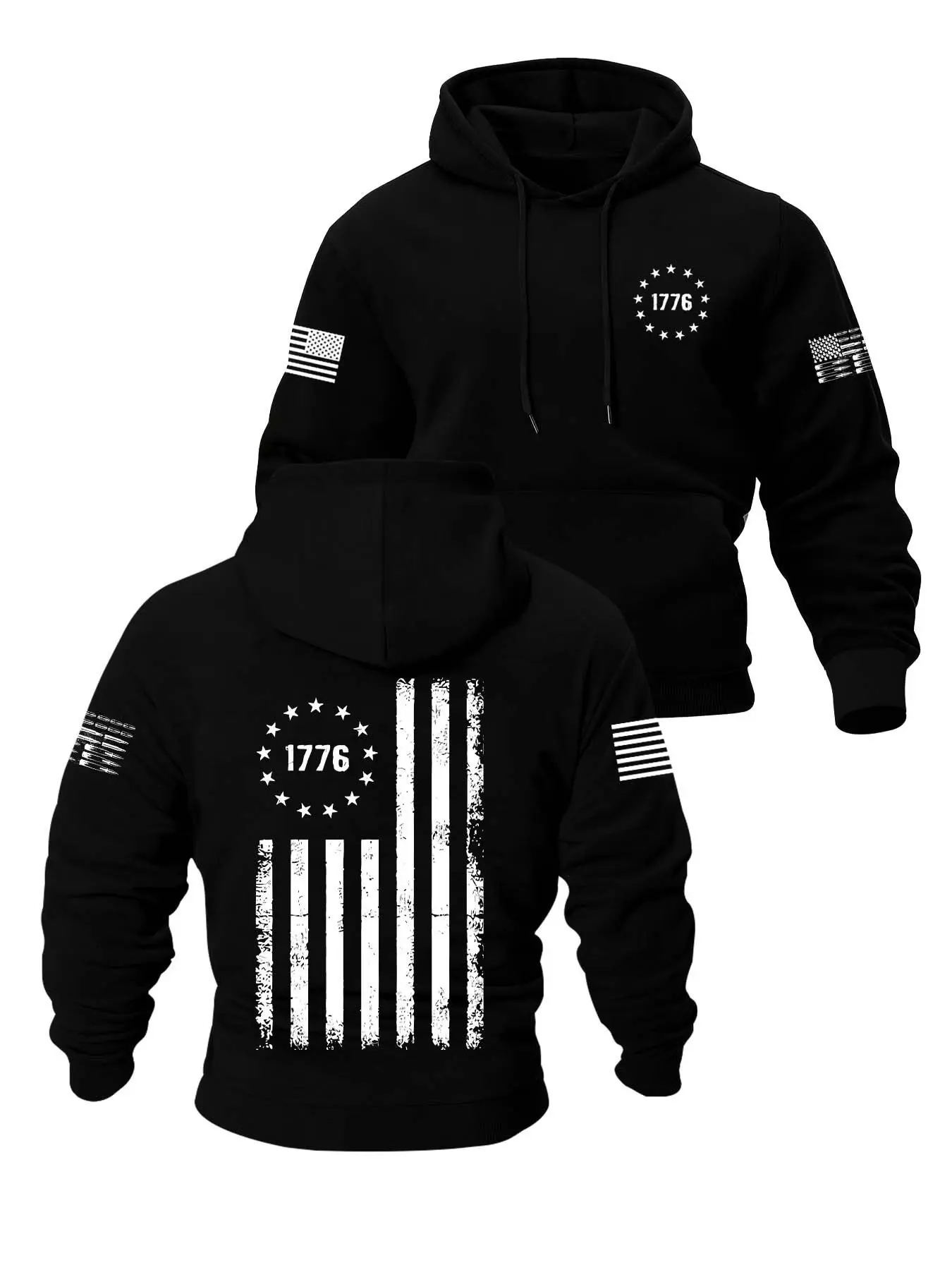 American Vintage 1776 Star Flag Print Hoodie, Streetwear Loose Long Sleeve Pullover, Casual Slim-Fitting Winter Sweatshirt
