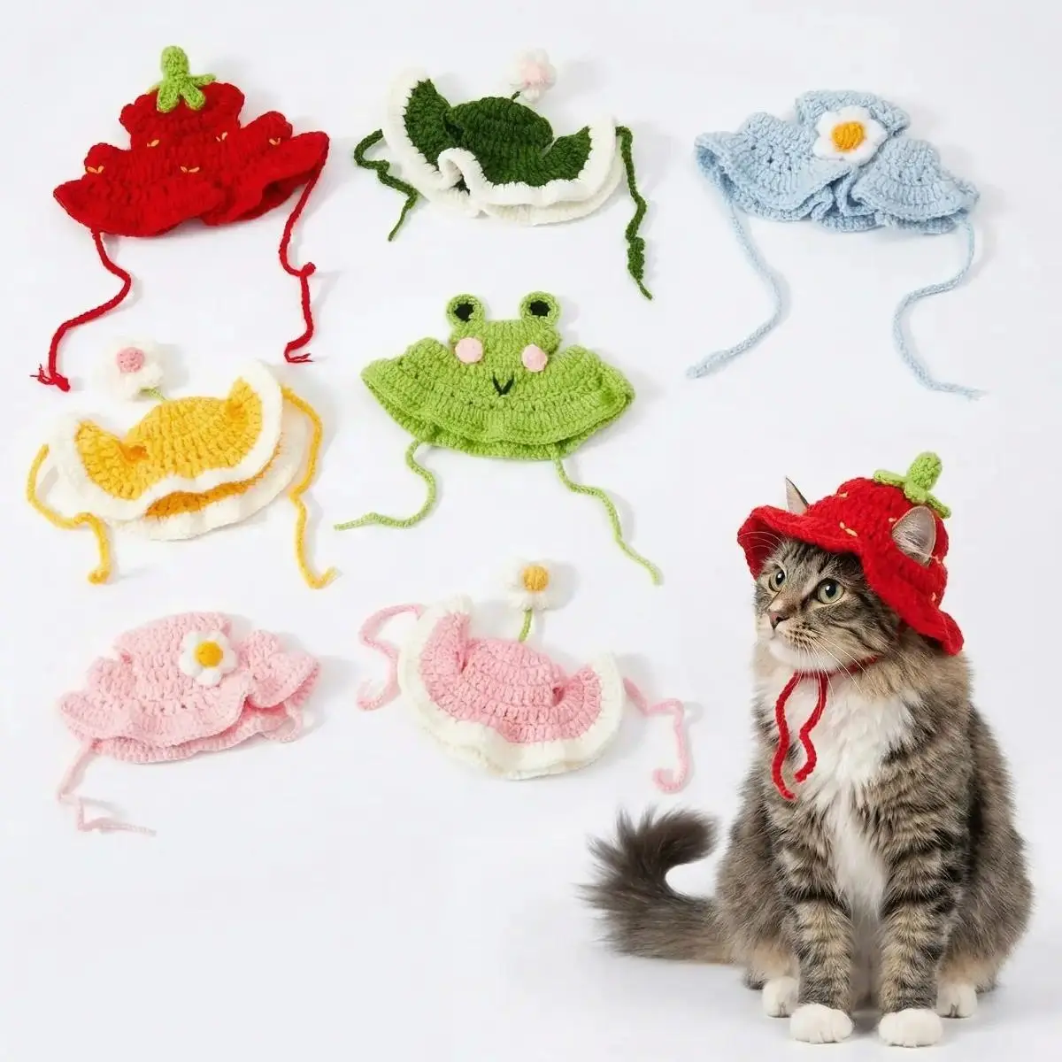 4-Pack Cute Frog Pet Hats, Warm Pet Clothing Accessory for Small Dogs & Kittens, Hand-Knit with Adjustable Strap for Parties & Photos, Headwear, Birthdays, Warmth Cover