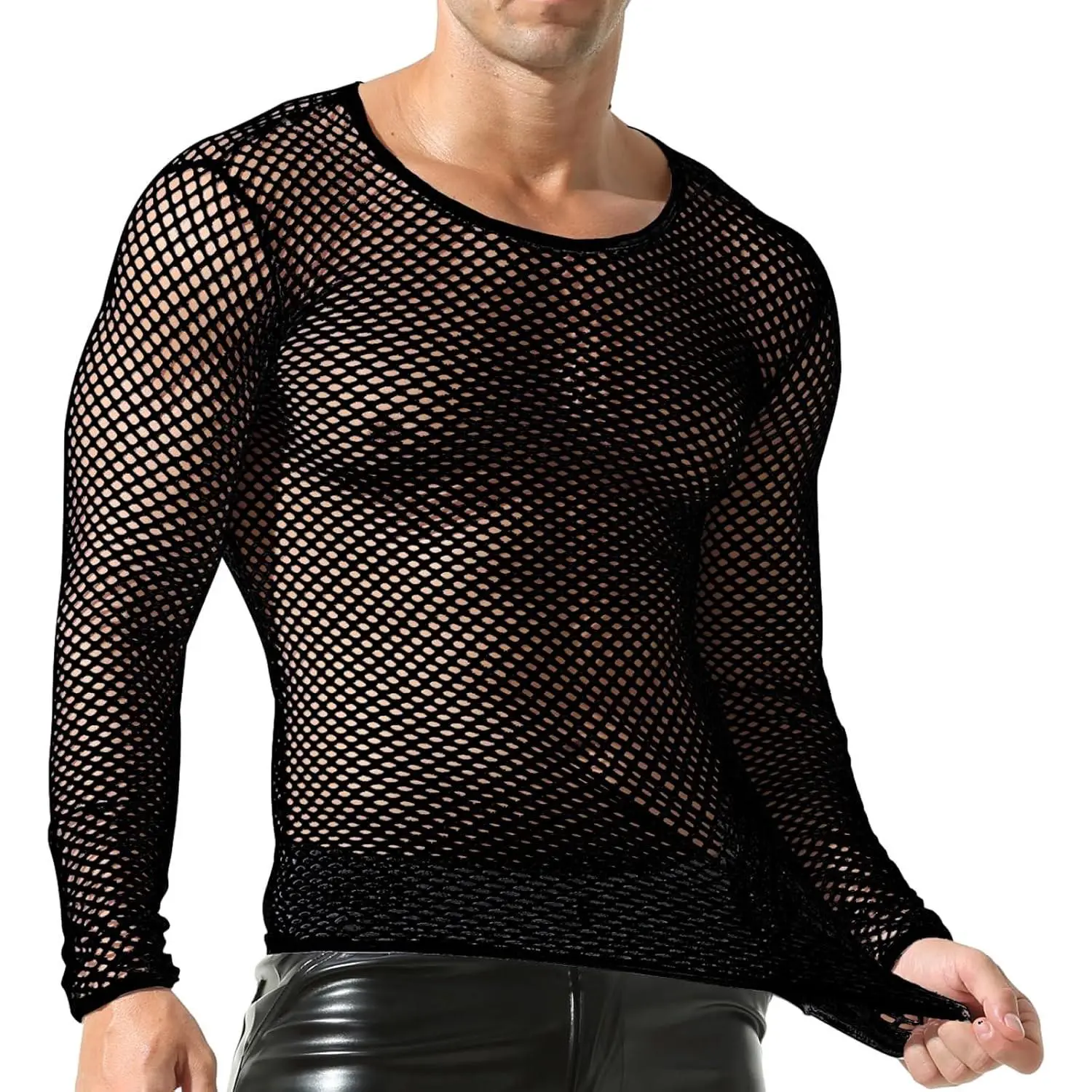 Men's Fishnet Shirt Mesh Transparent Long Sleeve Muscle T-Shirt Net Undershirt Top for Men Daily(Gift)