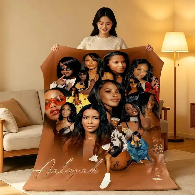 90s R&B Hip Hop Flannel Blanket Aaliyah Multi Photo Collage Warm Sepia Brown Background Signature Design All Season Soft Fleece Throw Blanket Music Lover Bedroom Home Decor Gift