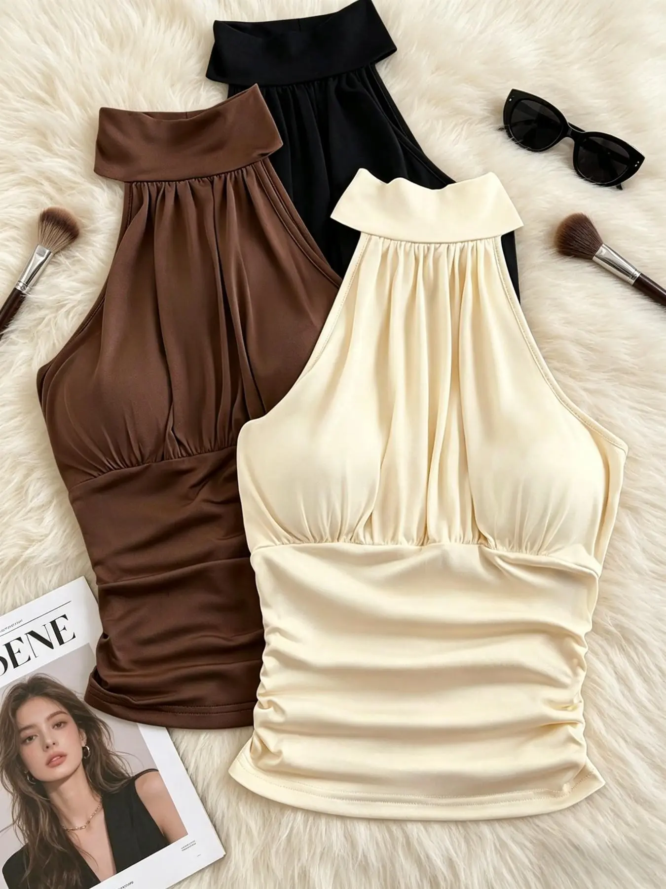Korean Style Simple Stand Collar Halter Sleeveless Vest Tops, Elastic Fabric, Side Pleats, Body-Conforming Innerwear, Choose 1/3 Pieces