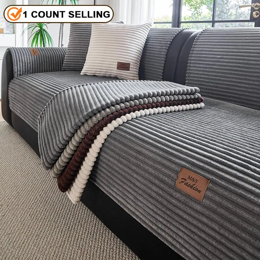 1 Pc Labeled Decorative Plush Sofa Cover, Decorative Sofa Protector, Comfortable All-Season Fabric, Non-Slip Machine Washable Pet-Friendly Design, Fits Single to Multi-Seater Sofas