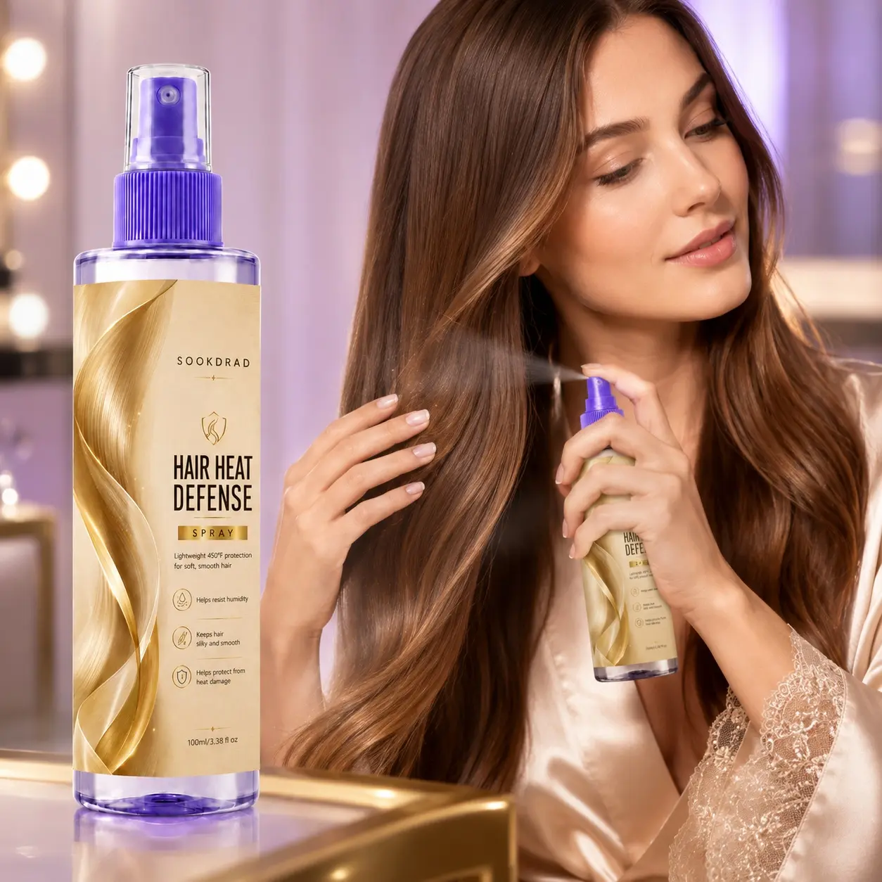 Hair Heat Defense Spray, lightweight 450°F heat protection, humidity resistant, silky smooth hair, heat damage protection, for all hair types, 100ml/3.38 fl oz