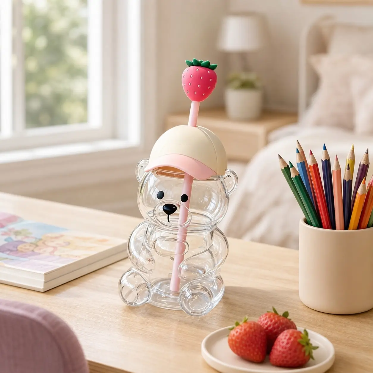 Shaped Glass Cup with Airtight Lid, Cute Pink and Green Teddy Bear Drinkware for Cocktails, Soda, Parties and Gifts