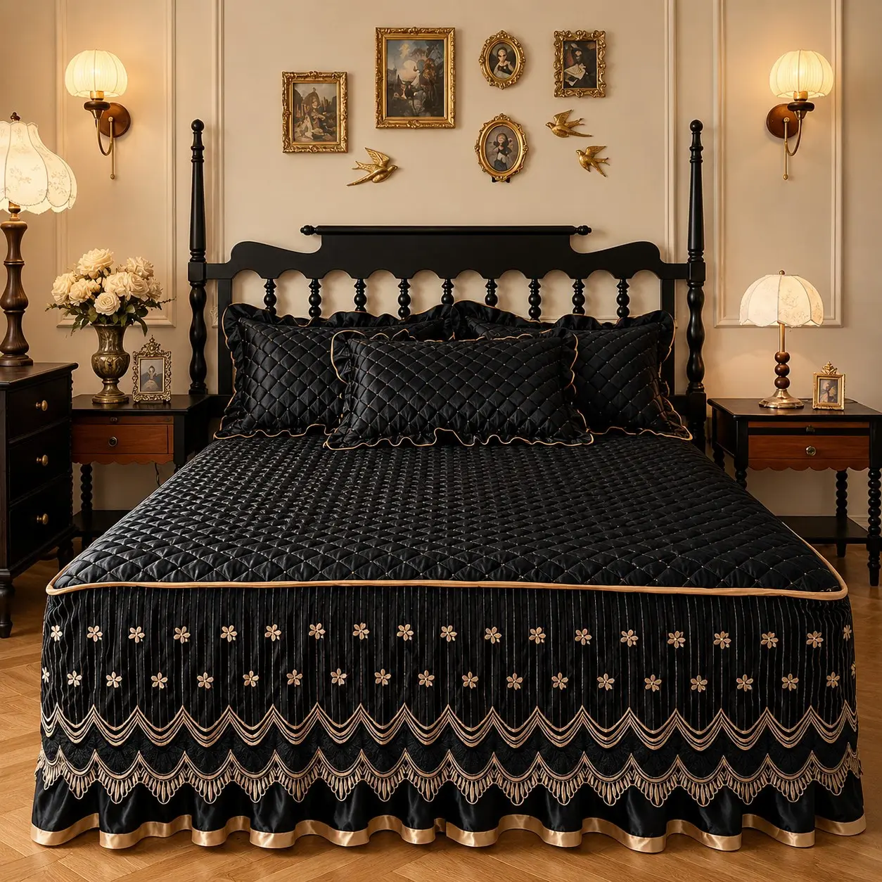 3pcs Lace Bed Skirt Set, Includes 1 Bed Skirt and 2 Pillowcases, Thick Quilted Mattress Protector, All Seasons Bed Sets