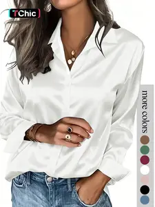 Women's Lady solid color satin button-down long-sleeved casual Basic Fitted shirt, made of fashionable silk fabric, suitable for casual office wear and commuting, and appropriate for both spring and autumn, Tops, Blouses, Womenswear