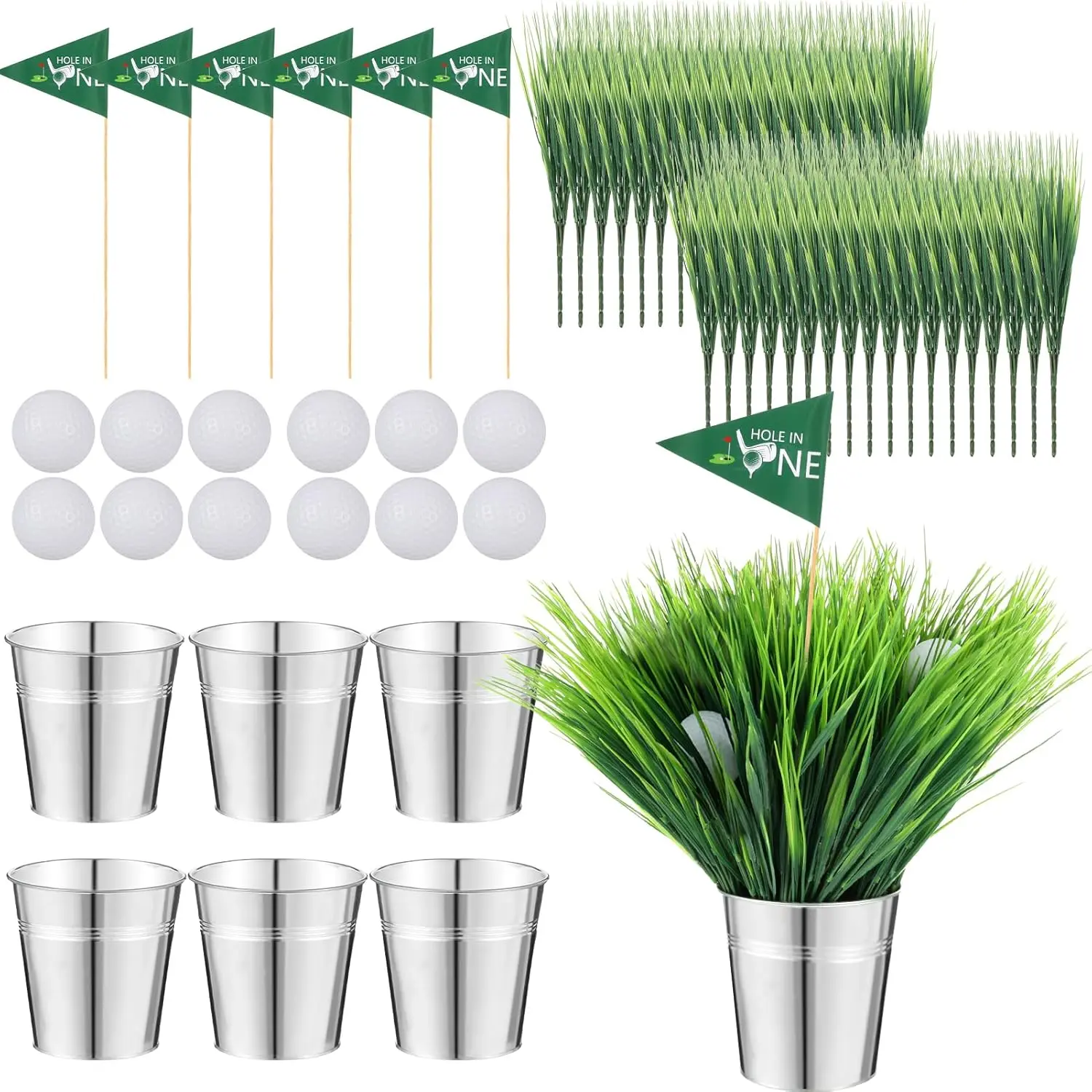 6 Sets Golf Party Table Decorations Includes 12 Mini Golf Ball 6 Iron Bucket 36 Artificial Spring Grass 6 Flags Centerpiece for Sport Golf Birthday Party Table Centerpieces Decor