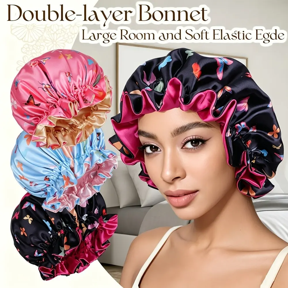 Double-Layer Soft Satin Butterfly Print Sleep Cap, Sleeping Bonnet, Large Ruffle Women's Headscarf Hat, Lace Edge Beauty Sleep Scarf Hat, Hair Wraps