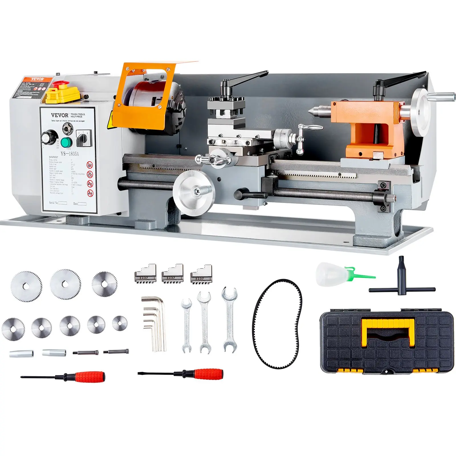 【DealsForYouDays】VEVOR Benchtop Metal Lathe, 7''x 13.78'', offers precise metalworking with a 0-2200 RPM variable speed, powered by a 500W brush motor and durable metal gears. Includes a tool box for precise part