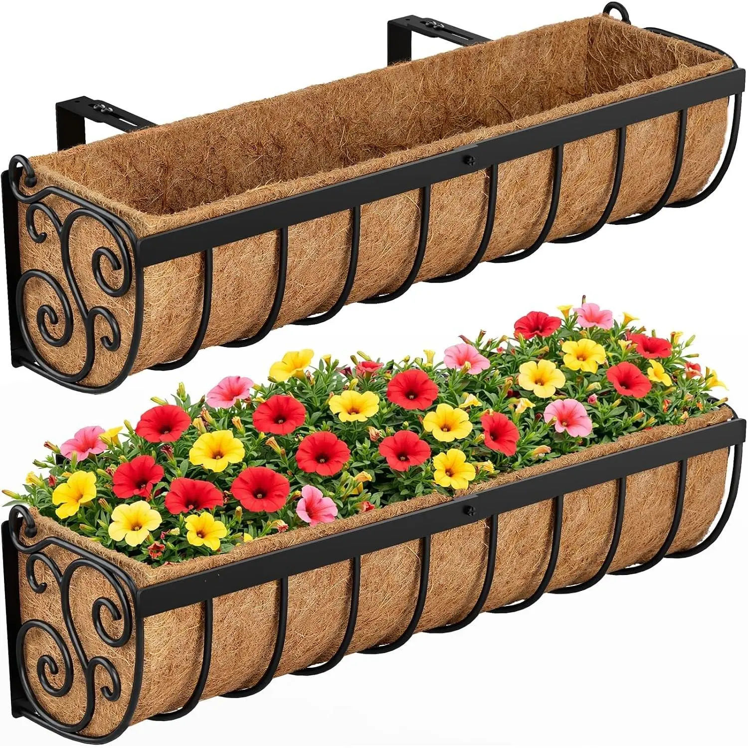 Railing Planter Boxes, 24 Inch Window Boxes Planters, Balcony Planters with Adjustable Brackets & Coco Liner for Outdoor Fence, Deck, Porch, and Patio Gardening, 2 Pack