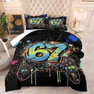 2/3PCS Gamer 67 Graffiti Comforter Set, Neon Splash Game Controller Bedding Set with Pillowcases, Street Art Drip Print Quilt for Teen Boys Kids Gamers, Bedroom, Gaming Room, Soft All-Season Bed Set