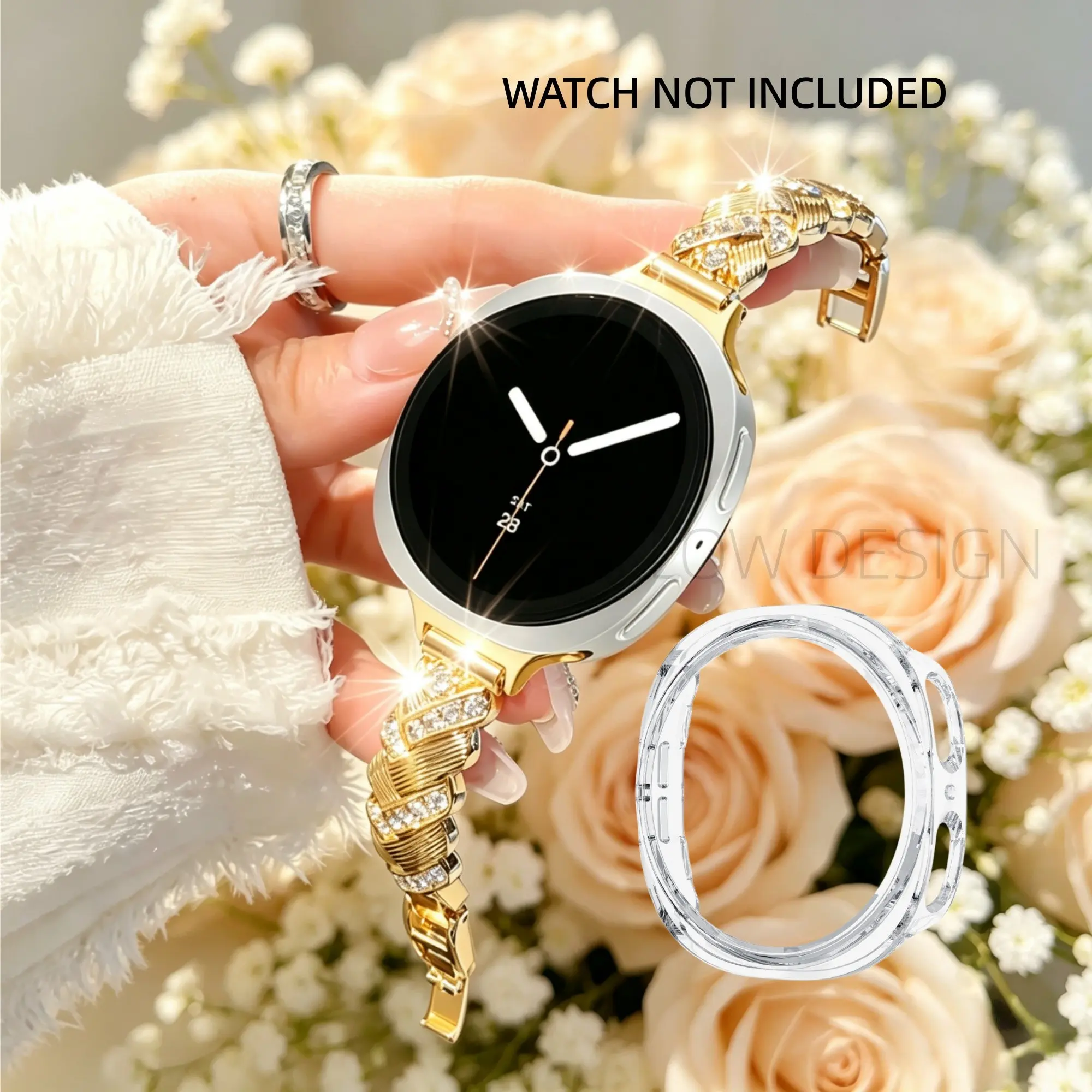 Metal Strap Suitable for Samsung Galaxy Watch 8 Strap Metal Strap 40/44/46mm/8 Classic Women's Sparkling Diamond Metal Strap Fashion Stainless Steel Replacement Strap Plus Case 1