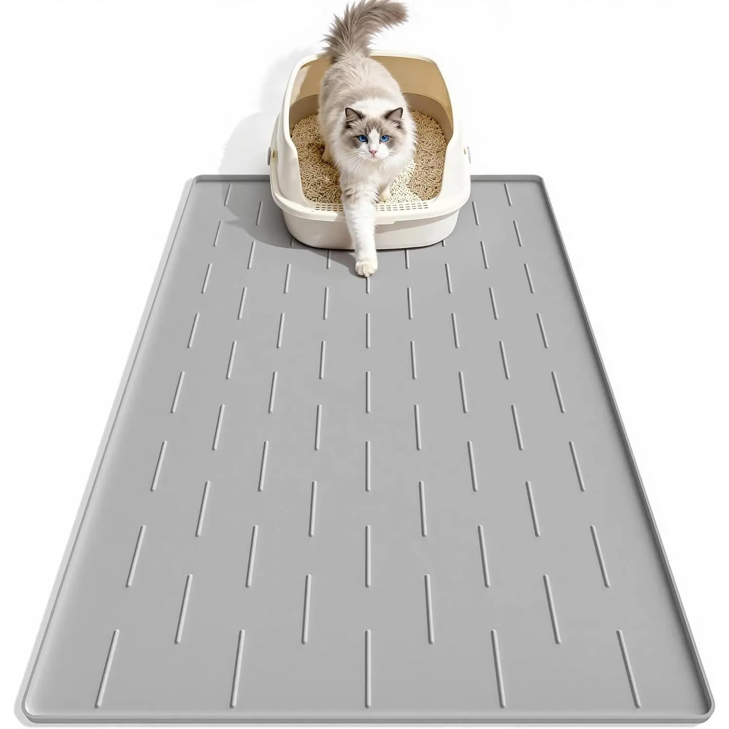 Silicone Cat Litter Trapping Mat, 34''x22'' Large Cat Litter Mat, Easy to Clean & Soft on Kitty Paws, Waterproof Kitty Litter Pads for Indoor Cats, Light Grey
