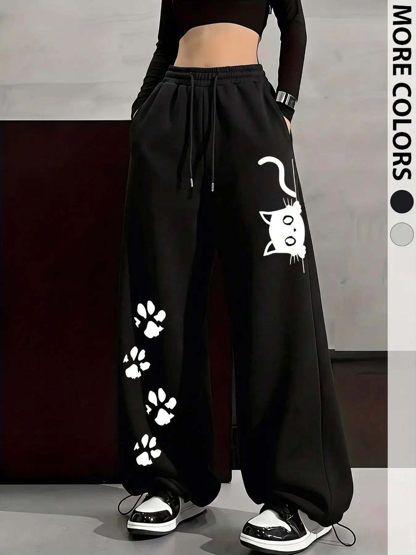 Elastic Drawstring High Waist Sweatpants With Cute Cat And Paw Print, Loose Wide Leg Two-Way Wear Casual Joggers With Side Pockets, Soft Comfy Breathable Trousers Perfect For Matching Various Tops To Build Lovely Autumn Outfits Women And Women Clothes