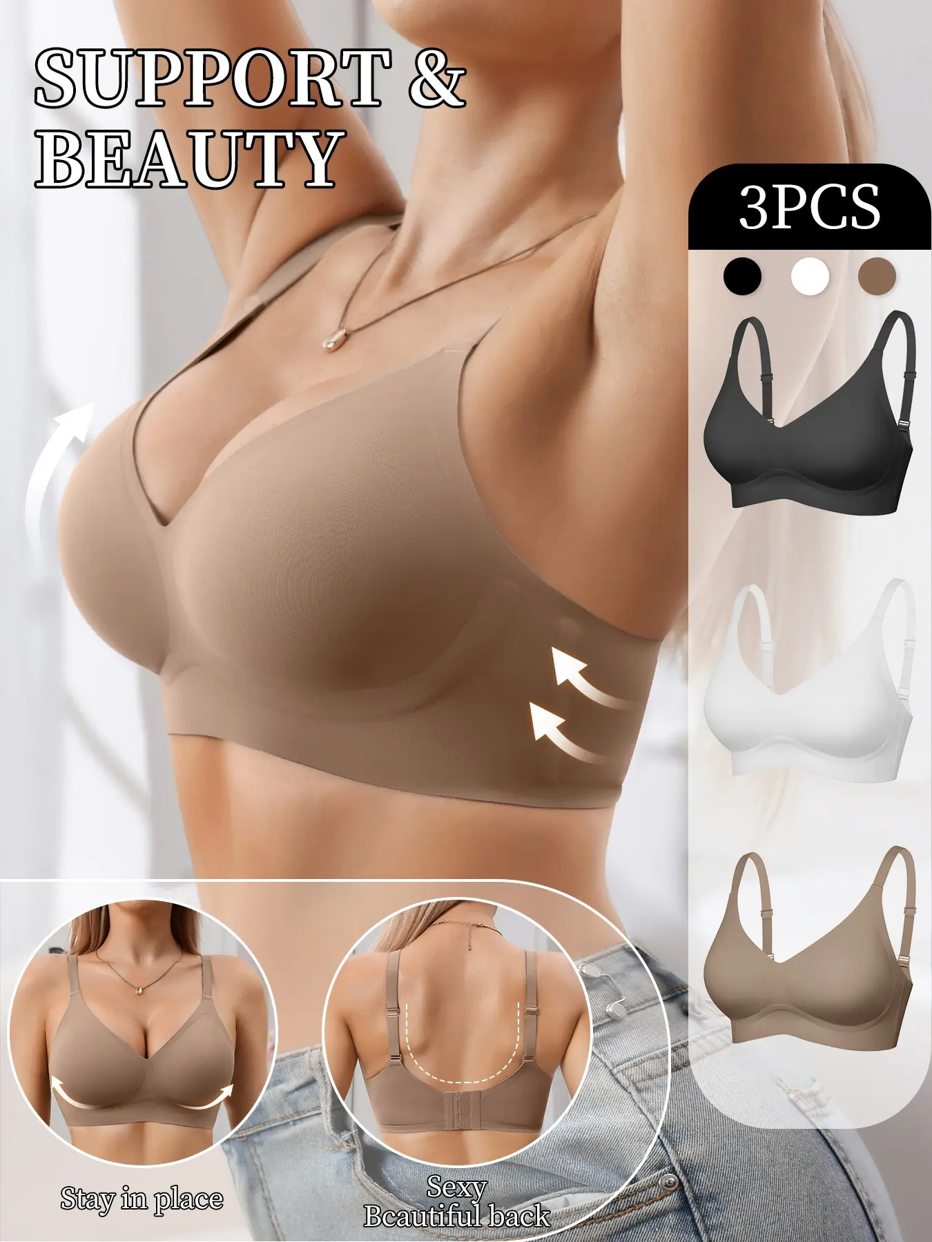 3pcs Viral Jelly Bra, Comfortable Casual Lingerie, Soft Medium Support, Seamless Deep V Neck, Cotton Cups, No Underwire, Women's Innerwear, Deep V Bras