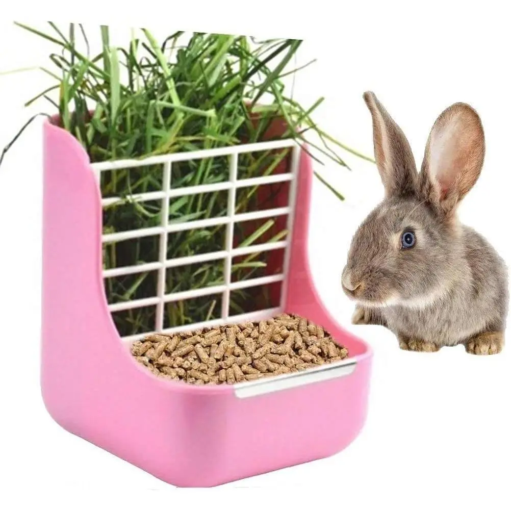 Adjustable Removable Rabbit Hay Food Bin Feeder Pink Plastic Grass Rack with Stainless Steel Edge for Rabbit Guinea Pig Chinchilla