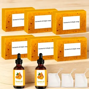 Turmeric Soap and Essential Oil Skincare Set, 6 Turmeric Soaps + 2 Face & Body Oils + 3 Soap Bags, Daily Moisturizing Care for Men and Women