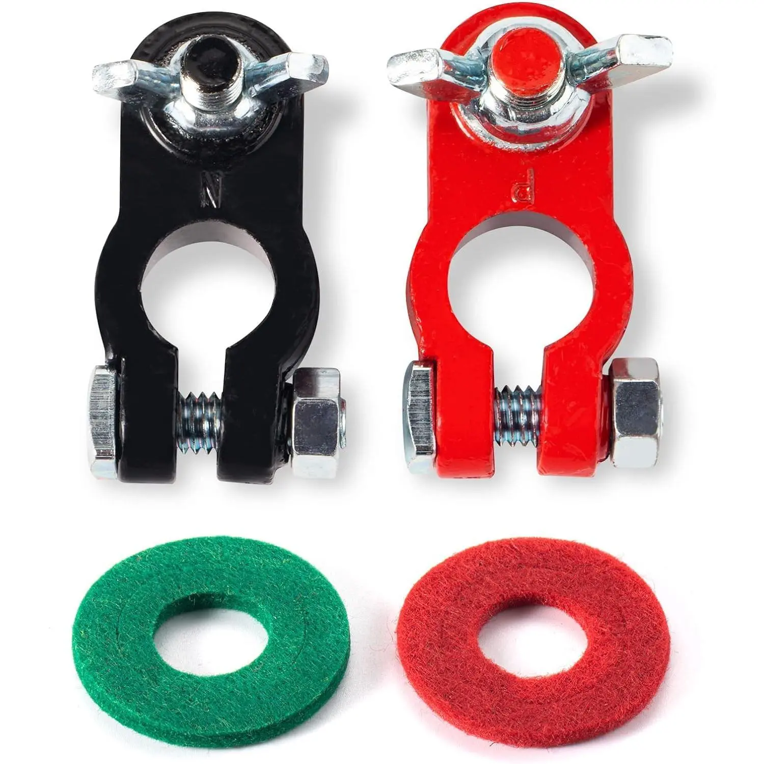 Universal Negative & Positive Battery Cable Terminals, Battery Terminals Color Coded Clamps Connectors with Matching Anti Corrosion Felt Fiber Washers,Terminal Assortment Kit for Cars & Trucks Negative & Positive, Color Coded Clamps Connectors, Matching