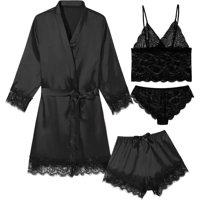 Women Satin 4‑Piece Pajama Set, Delicate Lace Floral Loungewear, Cami Top, Shorts & Robe, Soft Sleepwear Nightwear for Ladies