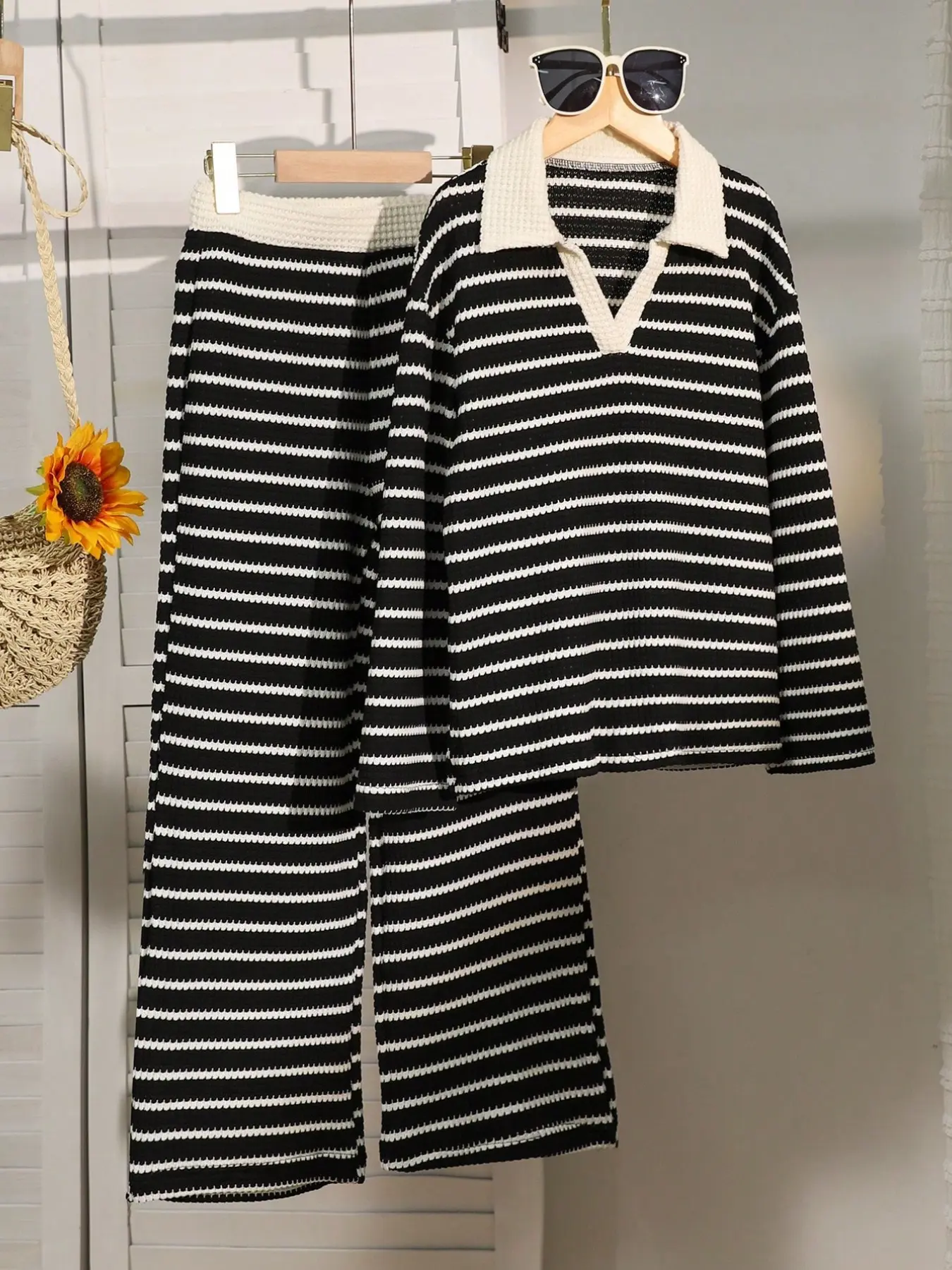 Striped Polo Collar Long Sleeve Loose Casual Loungewear 2 Piece Sleepwear Set Pajamas