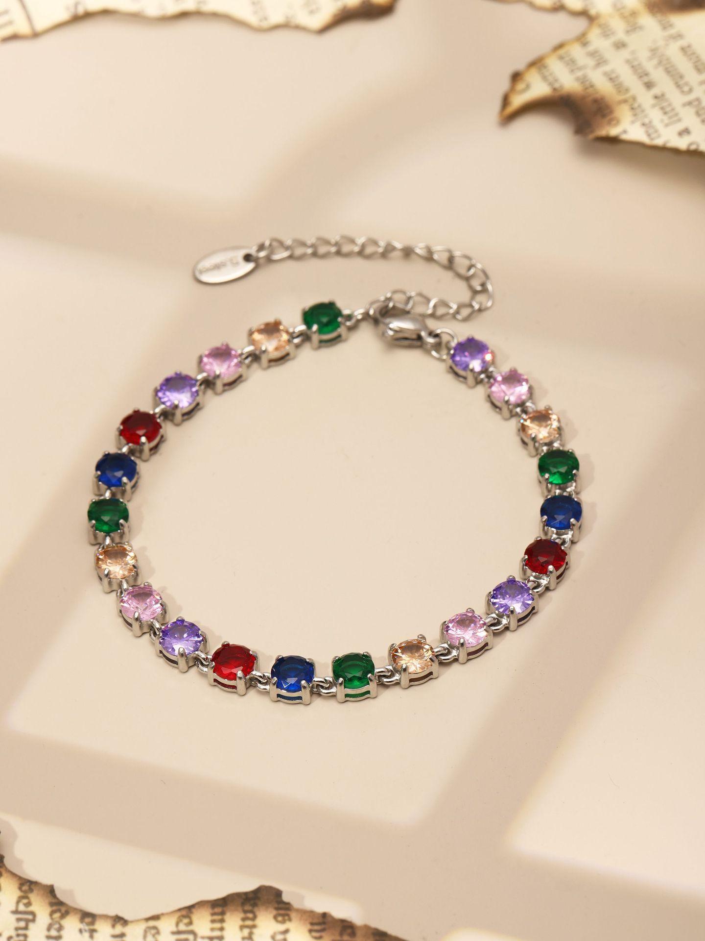Handmade Prong Setting 5mm Colorful Zircon Shiny Bracelet & Necklace Set, 18K Gold Plated Luxury Jewelry