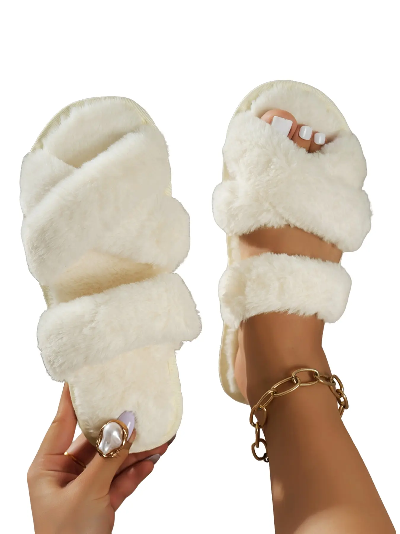 Women's Fall Winter Strap Sandals, Outdoor & Indoor Use, Flat Toe-Open Slippers, Soft Warm Fuzzy Footwear, Comfortable Home Shoes