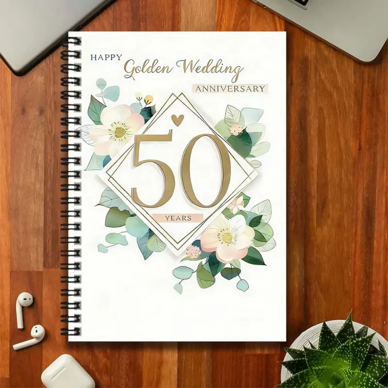 A 50th-anniversary golden wedding anniversary spiral-bound notebook, adorned with exquisite floral designs and the words "50 YEARS," exudes a romantic and warm atmosphere. Suitable for work and study records, daily planning, diary writing, etc., and is al