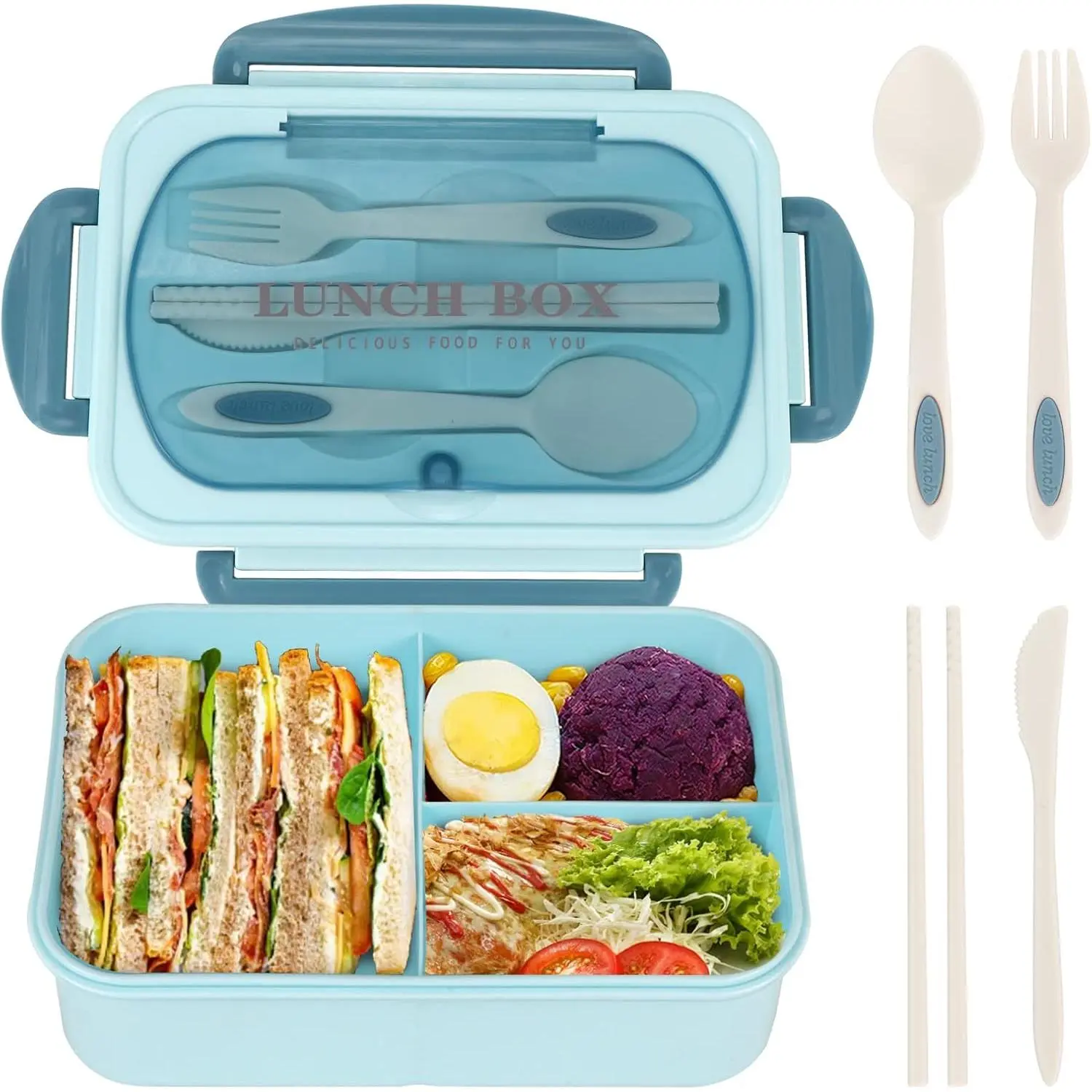 Bento Box for Adult, 1200 ML Lunch Containers, LeakProof Lunch Box with Utensils, , 3 Compartment Bento Box Microwave Safe, Blue