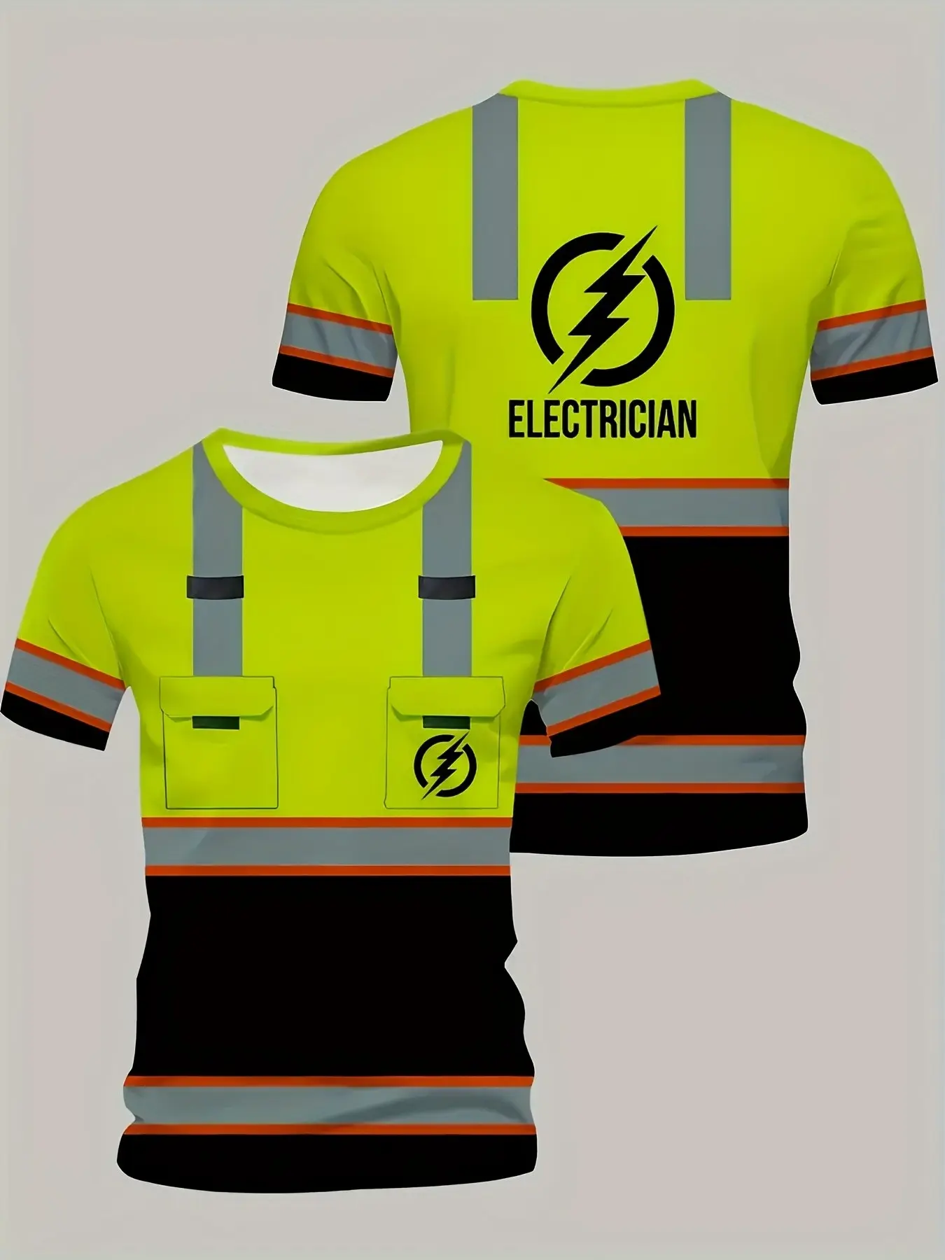 Men's Electrician Safety Vest Printed T-Shirt, Fluorescent, Visibility, Short Sleeve Top with Lightning Logo, Casual Loose Fit, Breathability, Safety Gear